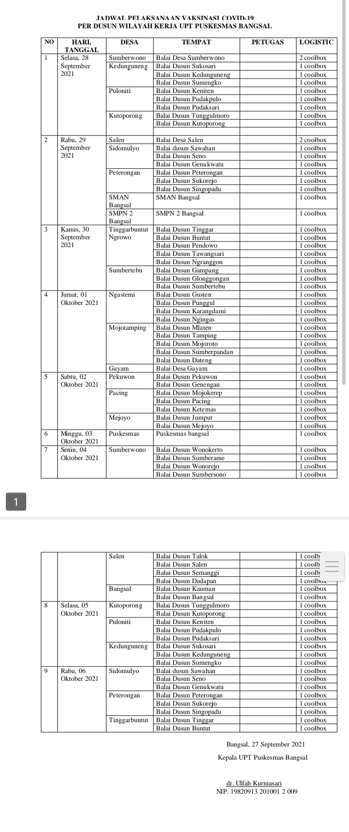 JADWAL VAKSINASI PER DUSUN WILAYAH KECAMATAN BANGSAL