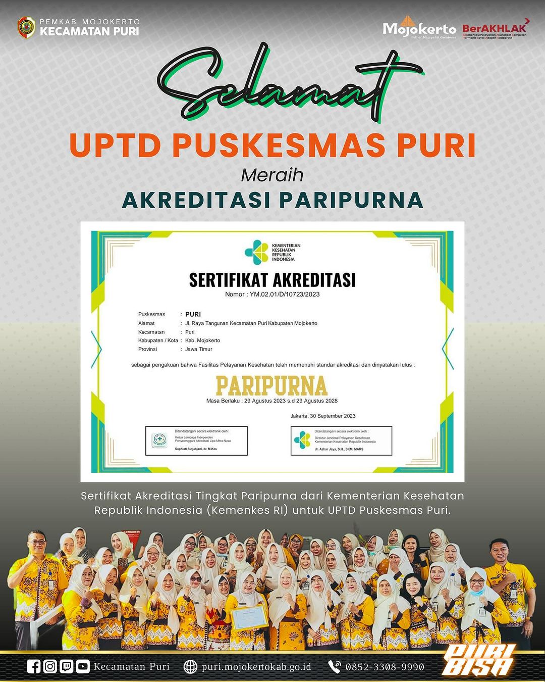 Unit Pelaksana Teknis Dinas (UPTD) Puskesmas Puri Kabupaten Mojokerto mendapatkan Akreditasi Tingkat Paripurna