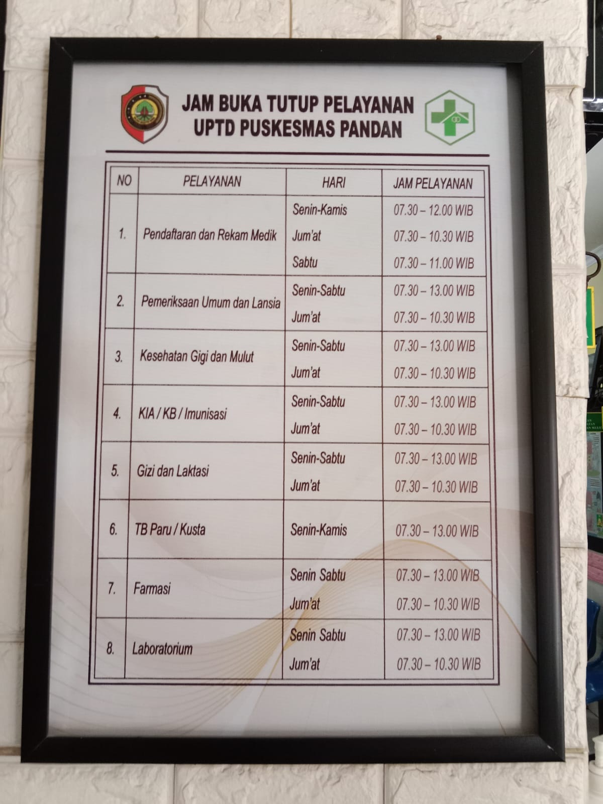 Jam Buka Tutup Pelayanan UPTD Puskesmas Pandan